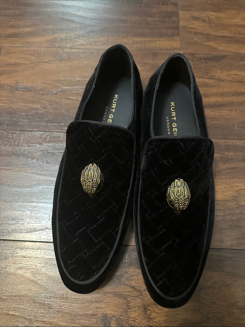 Kurt Geiger Black Quilted Velvet Slip-On Loafers with Gold Crest Emblem